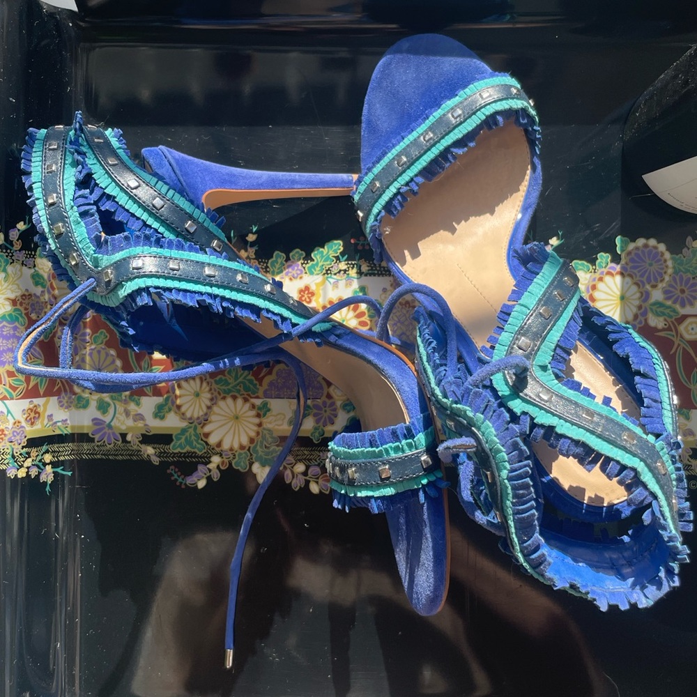 gianni bini blue lace up fringe suede heeled sandals